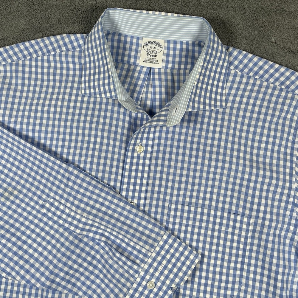 Brooks Brothers 1818 Men Classic Button Shirt 17-35 Blue Gingham Supima Non-Iron